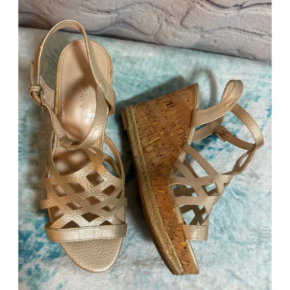Limelight Sonia Gold Metallic Cutout Cork Wedge Platform Sandals‎ Womens 8